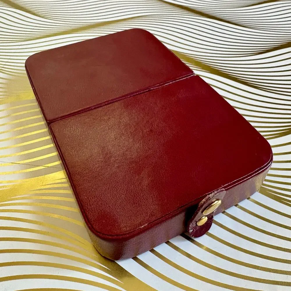 Vintage Burgundy Travel Jewelry Case Ring Roll Faux Leather Box